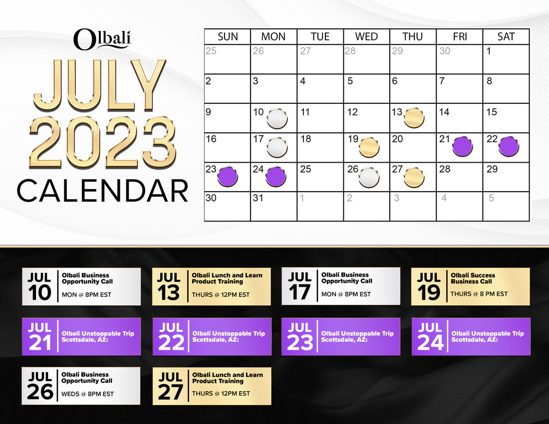NEW in JULY! Check out the latest Olbali Calendar.